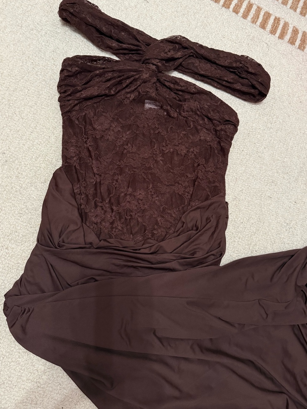 Peppermayo off the shoulder Lace Maxi Dress in Dark Brown